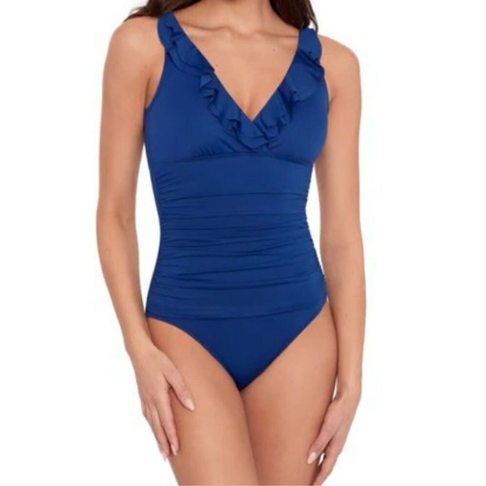 NWT Lauren Ralph Lauren Ruffle Trim Surplice One-Piece Swimsuit Navy Size 16